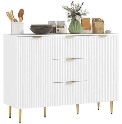 Immagine prodotto di Credenza Moderna 120x40x89,5 cm con 3 Cassetti e 2 Armadietti in Legno e Metallo Bianco