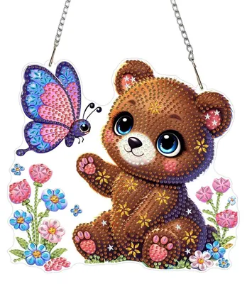 Immagine prodotto di Set di ciondoli per diamond painting 5D a forma di orso e fiori, kit di arte cristallina fai-da-te con catena, ideale per decorazioni per finestre