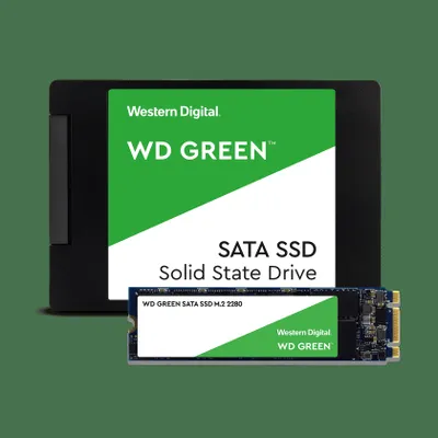 Two Western Digital WD Green SSDs are displayed against a green background. One is a 2.5-inch drive, and the other is an M.2 drive.