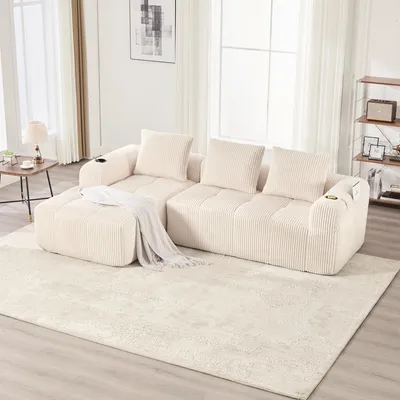 Produktbild von STILVORA Loungesofa mit Seitentasche und Getränkehalter, modulare Cordsofa mit 3 Kissen, für Wohnzimmer, Arbeitszimmer, Beige