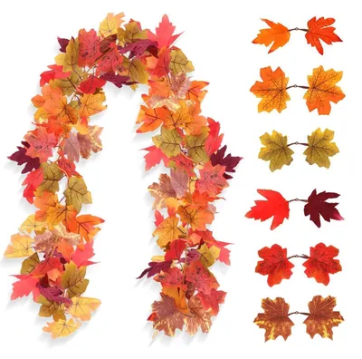 Image de Guirlande d'automne artificielle, 2 pièces, feuilles d'érable, 176 cm, couleur jaune, pour intérieur et extérieur