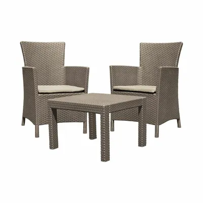 Zdjęcie produktu dla Allibert by Keter Zestaw wypoczynkowy Rosario Balcony 2x fotele i 1x stolik, rattan, tworzywo sztuczne, cappuccino z poduszkami na siedziska w kolorze piasku, idealny na balkon, taras lub do ogrodu, odporny na warunki atmosferyczne i promieniowanie UV