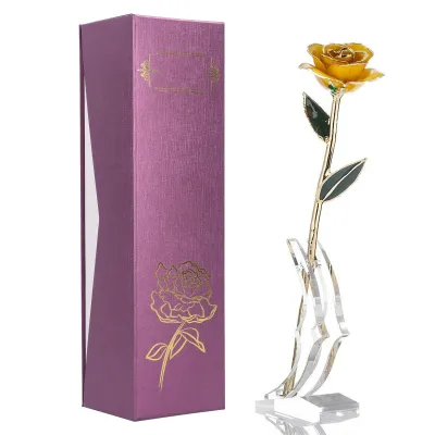 Image de véritable rose plaquée or 24 carats, rose jaune avec base, décoration cadeau pour la Saint-Valentin