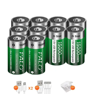 Image de PALO Piles de taille D, capacité 15000mAh, rechargeable par USB, 10PCS batterie