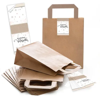 Produktbild von 100 braune Papiertüten Geschenk-tüten Weihnachtstüten Boden 18 x 8 x 22 cm kleine Papiertaschen Weihnachts-Aufkleber Christbaum rot gelb Kraftpapier-Tüten Weihnachten Verpackung GeschenkeHirschgeweih rot weiß schwarz / 100 Stück