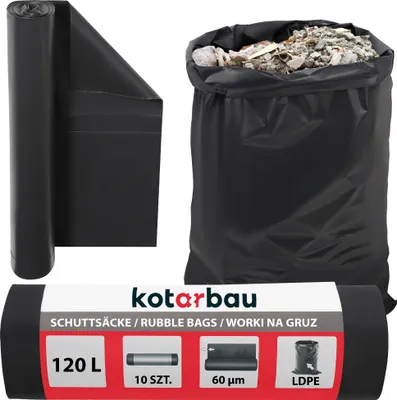 Zdjęcie produktu dla KOTARBAU® Worki na odpady budowlane o duzej wytrzymalosci 120 L 60µm LDPE Worki na odpady budowlane o duzej wytrzymalosci Worki na odpady budowlane o duzej pojemnosci 120 litrów Worki na odpady budowlane o duzej wytrzymalosci Worki na odpady