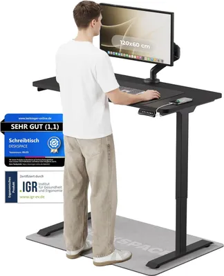 Produktbild von DESKSPACE PRO Elektrisch höhenverstellbarer Schreibtisch – 120x60 cm Memory & Kollisionsschutz, Computertisch Schwarz Tischplatte / Schwarz Gestell