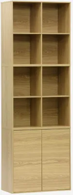 A tall, narrow, light brown wooden bookshelf with two doors at the bottom and eight open shelves above.