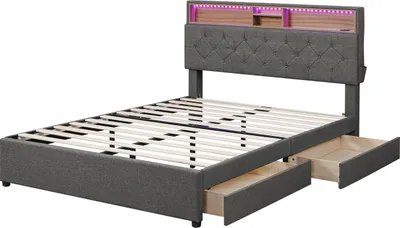 Produktbild von Doppelbett,Polsterbett(grau,140 x 200cm,mit 2 Schubladen)Bett mit USB-Aufladung und Beleuchtung,Funktionsbett,verstellbares Kopfteil
