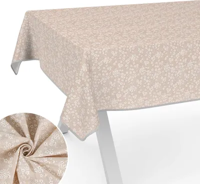 Produktbild von Tischdecke Schneeflockenblume aus Textil mit Blumen Pflanzen wasserabweisend Tischtuch Tischwäsche Aquarell Beige Breite 140cm Länge 160cm mit Paspelband