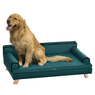 Image de PawHut Canapé pour chien chat design scandinave coussin moelleux amovible pieds bois massif 100 x 62 x 32 cm bleu canard