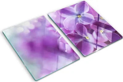 Produktbild von Tulup Glas Herdabdeckplatte - 2x40x52 cm - Glaskeramikkochfeld-Abdeckung Spritzschutz Glasabdeckplatte Kochplattenabdeckung und Schneidebrett - Zweiteilig - Blumen & Pflanzen - Lila Blumen - Lila