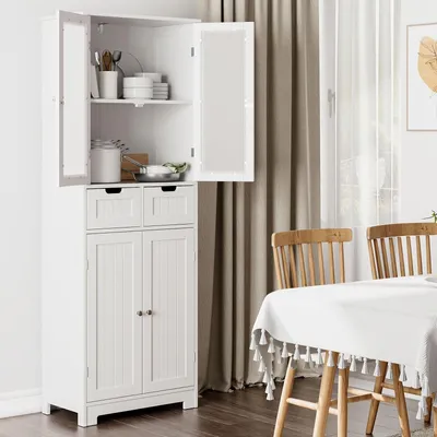 Obrázok produktu pre Vysoká úložná skrinka, biela – Moderná skrinka so 4 dvierkami a 2 vyberateľnými zásuvkami