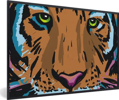 Produktbild von MuchoWow® MuchoWow® Gerahmtes Poster Tiger - Kopf - Gemälde 90x60 cm - Poster mit zchwarzem Bilderrahmen - Fotorahmen - Foto-Plakat