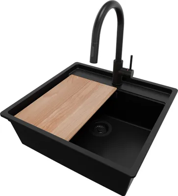 Produktbild von PRIMAGRAN Granitspüle Alles Schwarz 56x53cm, Eckspüle 1 Becken + Küchenarmatur 40x20cm + Ablauf-Set + Schneidebrett, Küchenspüle ab 60er Unterschrank - Bergen
