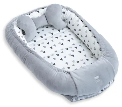 Produktbild von Premium BABYNEST + Kissen GRAU Samt Velour/ Herzchen Grau Baumwolle Nestchen Babyausstattung Geschenk Geborgenheit Komfort für Neugeborene