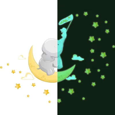 Produktbild von Leuchtender Aufkleber – Elefant und Hase fangen Sterne + 110 Sterne – Wand-/Deckenaufkleber für Kinderzimmer – 160 x 120 cm