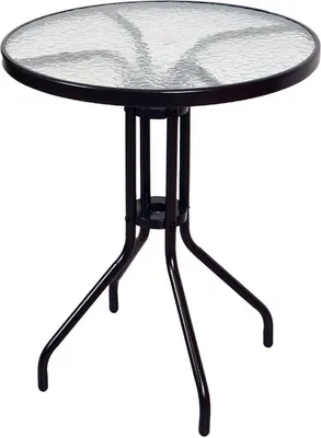 A round glass-top bistro table with a black metal frame and three legs, shown against a white background.