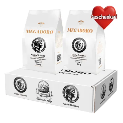 Produktbild von Megadoro Geschenkset 1 Gusto Toscano und Gusto Siciliano Kaffeebohnen 100% Arabica 2x500g
