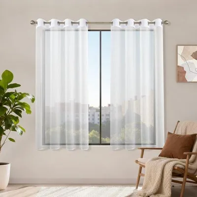 Produktbild von Gardinen aus Voile mit Ösen, Set aus 2 Stück, 140 x 120 cm, Weiß, Transparent, Kurzvorhang für Schlafzimmer, Wohnzimmer, Küche