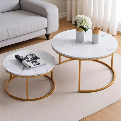Immagine prodotto di INONEFT, set di tavolini rotondi, set di tavolini da caffè (set da 2), tavolini moderni con struttura in metallo robusta, adatti per soggiorno e ufficio, bianco e oro