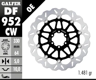 Immagine prodotto di Set di dischi freno Galfer 2x DF952CW WAVE® flottanti anteriori 330x5mm per Aprilia RSV4 RR RF Tuono V4 Factory 1000 / 1100 ccm anno 2017 - 2024