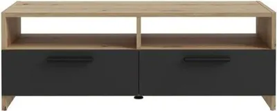 Immagine prodotto di Mobile TV PILVI, design moderno, finitura rovere e nero, 2 ante + 2 scomparti, 95 x 36 x 34,5 cm