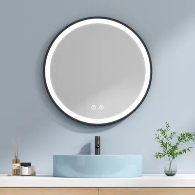 Produktbild von EMKE Rundф70cm LED Badspiegel mit 3 Lichtfarben und einstellbarer Heilligket, Memory Funktion, Smart Touch Badezimmerspiegel mit Schwarz Lederband