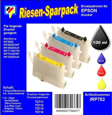 Produktbild von CISS / Easyrefillpatronen ersetzen T27 + T27XL Multipack mit 4 Patronen und 250ml Dr.Inkjet Premium Nachfülltinte