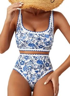 Produktbild von Herseas Damen-Bikini-Set, Blumendruck, Peitschenstich, 2-teilig, Badeanzüge, hoh