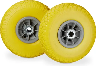 Produktbild von 8 x Sackkarrenrad, pannensichere Vollgummireifen, 3.00-4 Zoll, 20mm Achse, bis 80 kg, 260 x 85 mm, Ersatzrad, gelb-grau