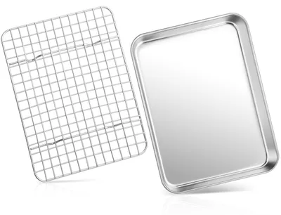 Obrázek produktu pro Plech na pečení s chladicí mřížkou - 26,5 x 20,5 x 2,5 cm - Nerezová ocel - Sada 2 kusů - Mřížka na dort
