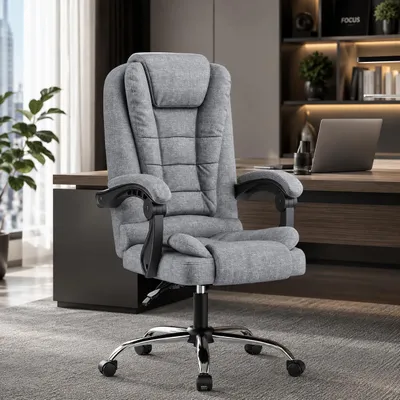Produktbild von Chefsessel Bürostuhl, Ergonomischer Bürostuhl, Stoff Schreibtischstuhl, Hohe Rückenlehne Ergonomische Liege mit Kippfunktion, Grau