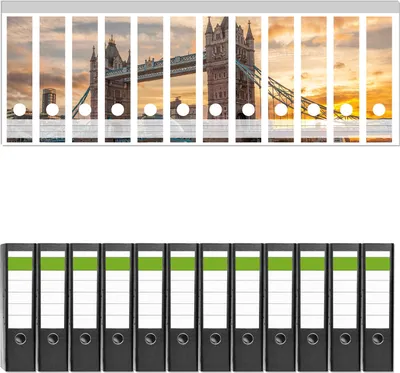 Produktbild von Wallario 12 Stück breite Ordner inkl. Klebeetiketten mit Motive Tower Bridge - London bei Sonnenuntergang -  Set mit Rückenschildern / Ordnerrücken Stickern