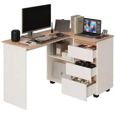 Produktbild von Eckschreibtisch mit Computerablage, Regalen und 3 Schubladen, 120 cm