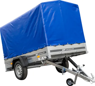 A blue tarp-covered trailer is shown against a white background.