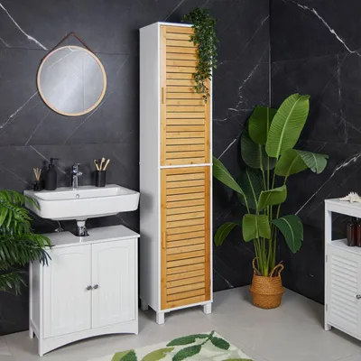 Obrázek produktu pro Vysoká skříňka do koupelny s bambusovými dvířky
