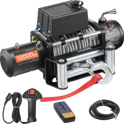 Obrázek produktu pro Elektrický lanový naviják - 12 V naviják pro nákladní/osobní vozidla - tažná síla 5 400 kg - ocelové lano 9,1 mm x 26 m - rádiové a kabelové dálkové ovládání - pro SUV, pickupy, přívěsy, lodě, terénní vozidla