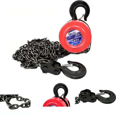 A red chain hoist with a black chain and hooks, presented on a white background with several close-up views of its components.