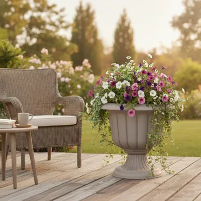 Produktbild von Sierlicher taupe Blumentopf auf Fuß - 35x25cm - 9,8L - UV-beständig - Runde Kräuter- und Pflanzenbak