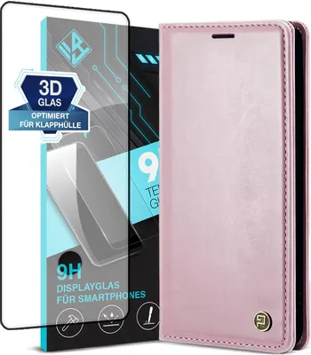 Produktbild von Handyhülle für Samsung Galaxy S10+ mit 9H Displayglas Kunstleder Flip Vintage Cover Hülle RFID Schutz Case Kartenfach Farbe: Rosa
