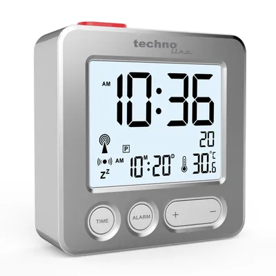 A digital alarm clock is shown against a white background.