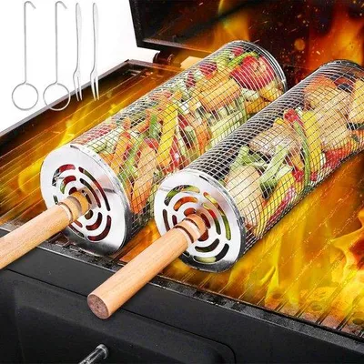 Image de Set de grillades rond en acier inoxydable avec manche en bois - 2 pièces - pour légumes