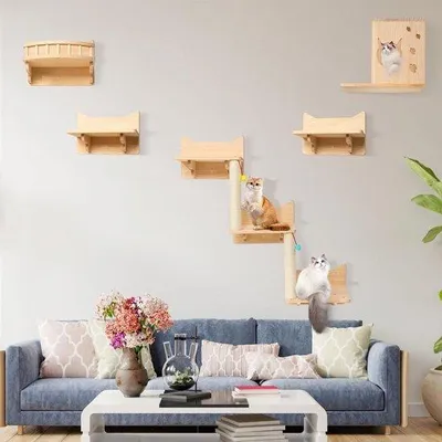 Produktbild von 5-teiliger Katzenkletterwand-Set, Holz, stabil, mit Plüschbällen