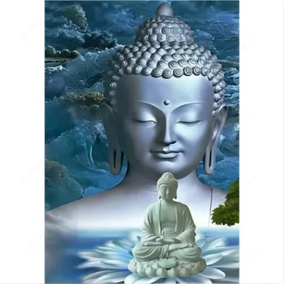 A large Buddha statue is depicted with a smaller Buddha statue in the foreground, set against a backdrop of blue, wavy water and clouds.