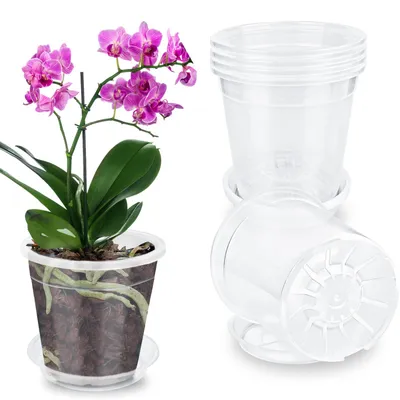 Image de Pot transparent pour orchidées, 15 cm, avec trous de drainage, lot de 6, idéal pour les orchidées