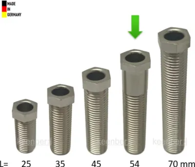 Produktbild von Keenberk Hohl-Schraube, Länge 54 mm für Siebkorbventile M12 x 1,5 mm - universell passend für 1,5 und 3,5 Zoll