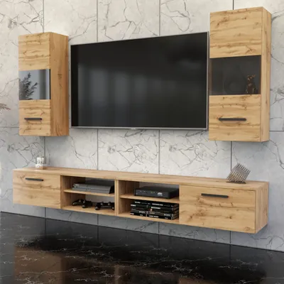 Zdjęcie produktu dla Blanco ® Meblościanka Zestaw mebli do salonu Wiszące meble do salonu DĄB WOTAN/DĄB WOTAN