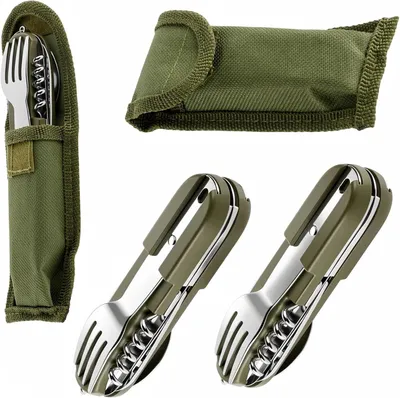 Productafbeelding van Camping bestekset 2-delig, 7-in-1, met ceintuurzak, voor kamperen, groen