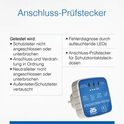 Produktbild von as - Schwabe Anschlussprüfstecker 230V Diagnose mit Kontrollleuchten Weiß/Blau
